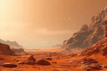 Foto op Plexiglas Rusty orange Martian landscape with cliffs and sand. © darshika