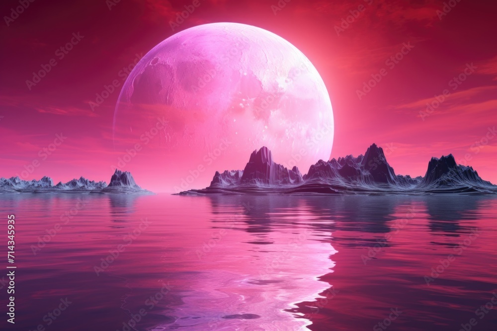 Wall mural Alien planet landscape with pink moon reflecting in ocean.