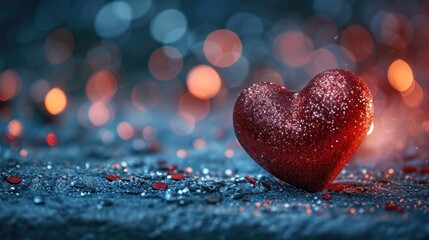 Fototapeta premium Glittering Red Heart on Textured Surface - Magical Intimate Setting, Valentine's Day Concept