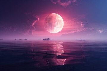 Alien planet landscape with pink moon reflecting in ocean.