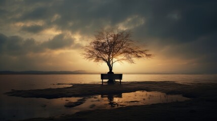 Loneliness and depression concept. Solitude, melancholy. Lonely person sits alone on a bench by the tree. AI Generated - obrazy, fototapety, plakaty
