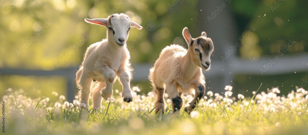 Wall mural Baby goat kids frolicking on the springtime grass.