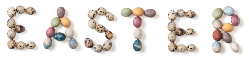 Easter written with easter eggs on white background