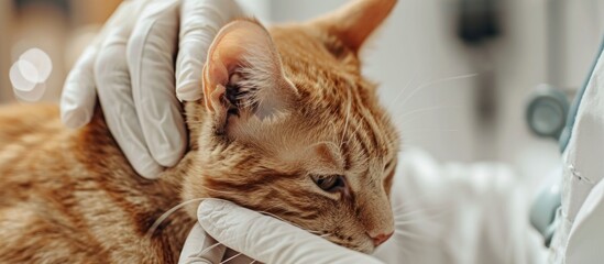 Dirty cat's ear viewed close-up with brown discharge. Veterinarian checks for infection in gloves.