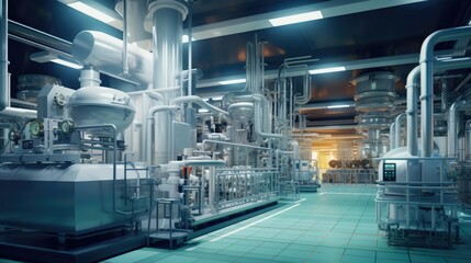 Obraz premium Chemical factory. Interior of a high-tech plant with tanks and pipes. Pharmaceutical or medical laboratory. AI Generated