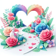 Embark on a visual journey of love with this kirigami masterpiece featuring a colorful heart and rose on a pathway to Valentine's Day. Isolated in white, it's a captivating symbol of artistry and roma