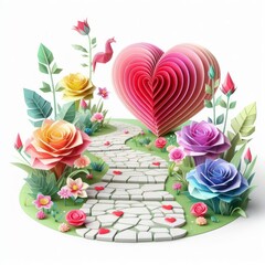 Embark on a visual journey of love with this kirigami masterpiece featuring a colorful heart and rose on a pathway to Valentine's Day. Isolated in white, it's a captivating symbol of artistry and roma