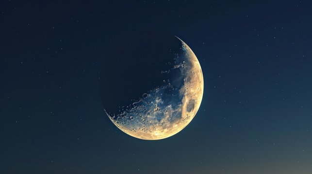 an image of a half moon in the night sky with stars in the sky and a dark blue sky with a few white dots in the middle of the moon.