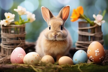 A cute easter bunny with big eyes and eggs and decoration.