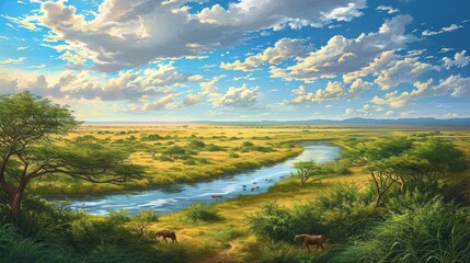  a painting of a river running through a lush green field next to a lush green field with trees and grass on both sides of it and a cloudy blue sky with white clouds.