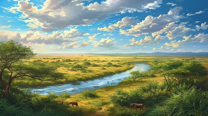 Obraz premium a painting of a river running through a lush green field next to a lush green field with trees and grass on both sides of it and a cloudy blue sky with white clouds.