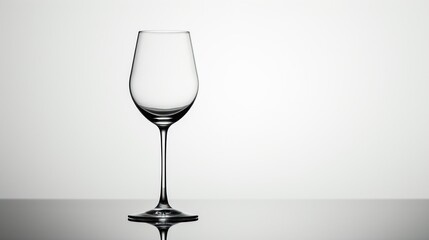  a wine glass sitting on a table in front of a white wall with a reflection of the wine glass on the table and the wine glass in the foreground.