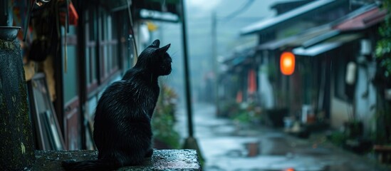 Naklejka premium Black cat observing in Houtong, Taiwan's cat village.
