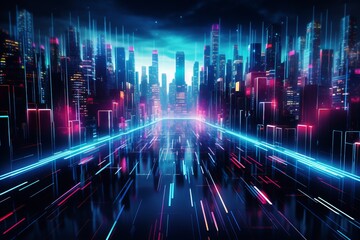 Vibrant neon lights with abstract patterns in a cityscape under bright city illumination - obrazy, fototapety, plakaty