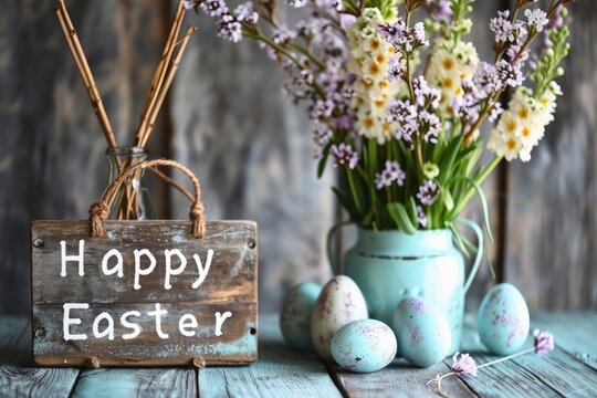 Beautiful easter decoration background showing the text Happy Easter.