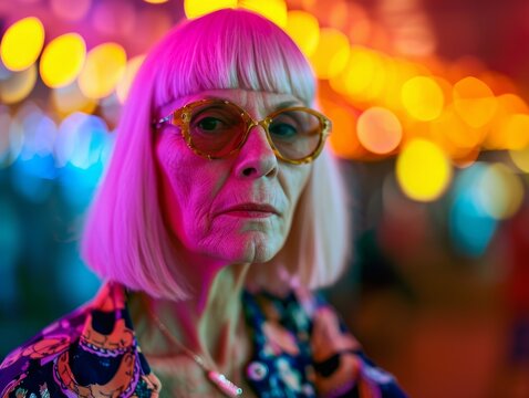 Photorealistic Old White Woman with Pink Straight Hair vintage Illustration. Portrait of a person in 1970s era aesthetics. Disco fashion. Historic photo Ai Generated Horizontal Illustration.