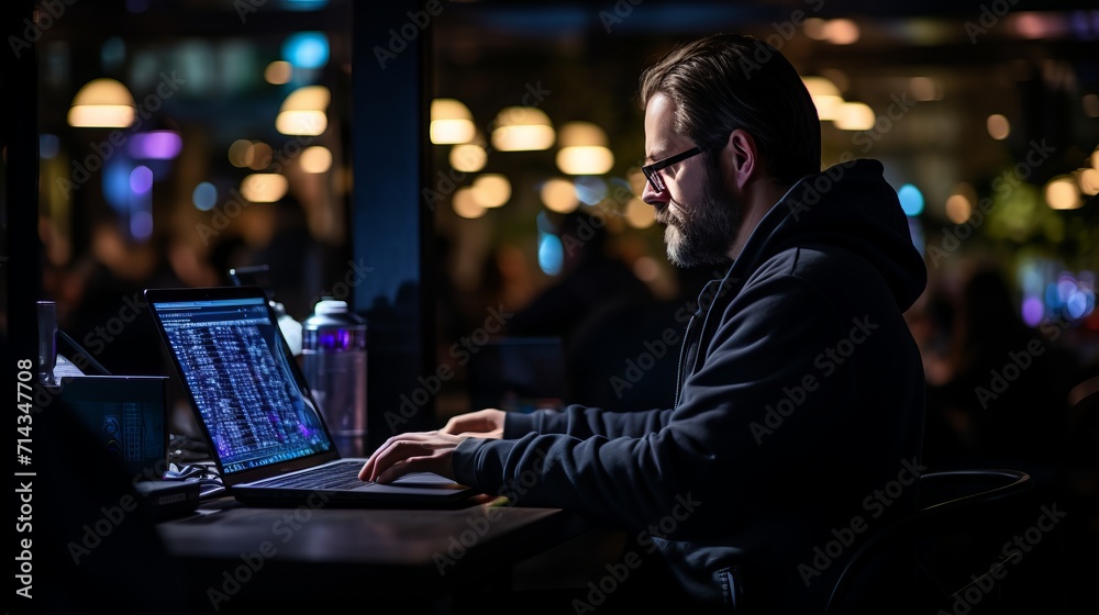 Poster modern software developer coding in sleek workspace with tech gadgets and vibrant code lines