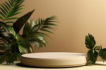 Obraz premium product display natural podium pedestal beige color background cream podium natural stone white and leaf background with texture modern, simple, minimal