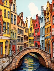 Fototapeta premium Nostalgic Bruges Bridge: Vintage European Street Scenes and City Scene Print