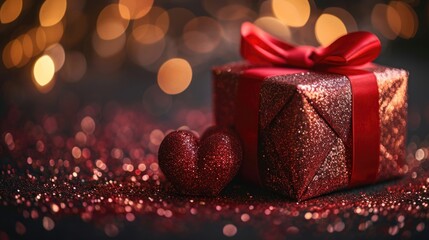 Fototapeta na wymiar Festive Red Gift Box with Golden Glitter - Magical Bokeh Background, Valentine's Day Concept