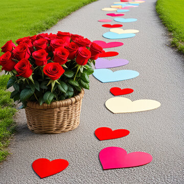 Embark on a romantic journey with this captivating stock photo featuring a colorful heart and rose on a pathway to Valentine's Day. Isolated in white, it embodies the essence of love and romance