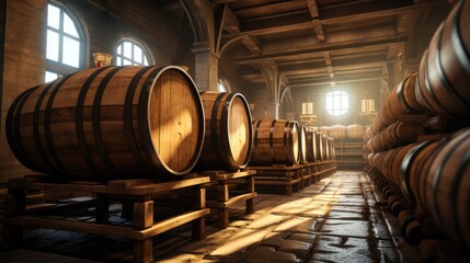 Old wine cellar with wooden barrels. AI Generated