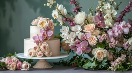 Obraz na płótnie Canvas a three tiered cake sitting on top of a table next to a vase filled with pink and white flowers on top of a white cake stand next to a bunch of pink and white flowers.