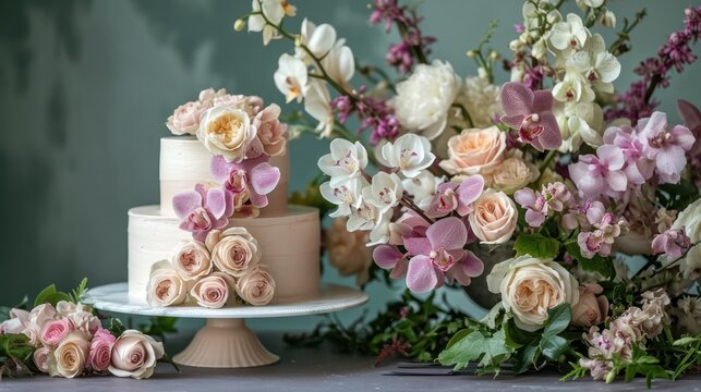  a three tiered cake sitting on top of a table next to a vase filled with pink and white flowers on top of a white cake stand next to a bunch of pink and white flowers.
