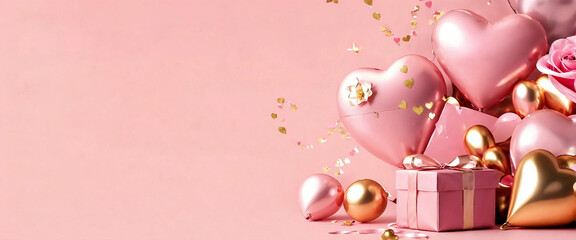 Pink and gold hearts foil balloons with gifts on pink Valentines Day