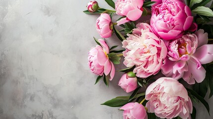 Peonies and roses on neutral background - obrazy, fototapety, plakaty