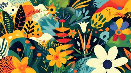  a painting of colorful flowers and plants on a white background with blue, yellow, green, orange, and red colors on the bottom half of the image and bottom half of the image.
