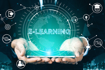 E-learning and Online Education for Student and University Concept. Graphic interface showing...