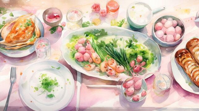 Easter brunch table with painted eggs and spring decorations. Watercolor illustration. Concepts of Easter celebration, aquarelle art, festive decorations, and springtime dining.