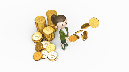 Successful business women surrounded by stacks of dollar coins. Big money and coins. Finance success, money wealth. 3D illustration on a white color background. Currency, wealth, women and rich.
