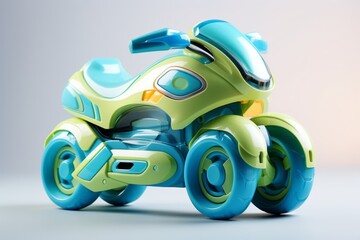 Futuristic green blue toy motorbike isolated on a white background. Concept of kids friendly toys, transport-themed playthings, playful modern designs, and bright colors