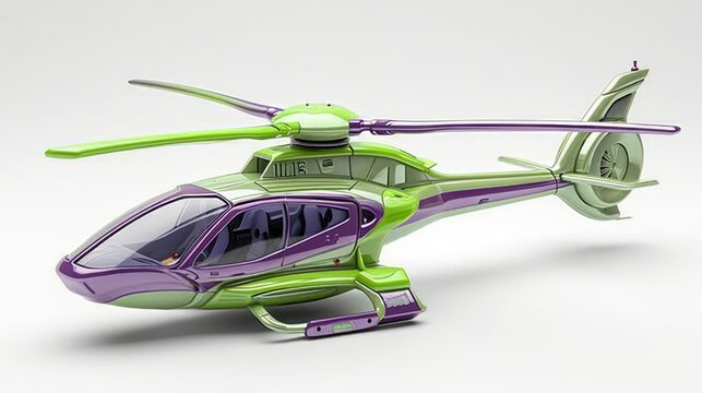 Futuristic green purple toy helicopter isolated on a white background. Concept of kids friendly toys, aviation playthings, playful designs, and bright colors