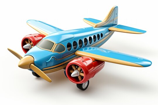 Futuristic colorful toy airplane isolated on a white background. Concept of kids friendly toys, aviation playthings, playful designs, and bright colors