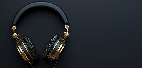 Golden headphones on a black background, top view, flat lay, place for text on the right