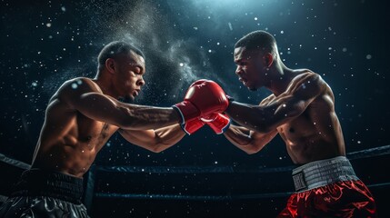 Fototapeta na wymiar Two African American boxers in a ring, one landing a punch. Intense boxing match moment. Concept of athletic competition, the power of sport, and the peak action of boxing.