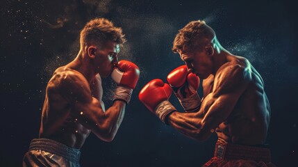 Two Caucasian boxers in a ring, one landing a punch. Intense boxing match moment. Concept of athletic competition, the power of sport, and the peak action of boxing.