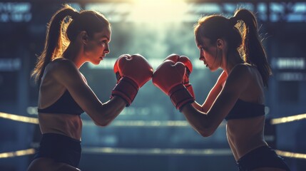 Two female boxers in close confrontation. Intense pre-fight stare down between athletes, ready to box. Concept of anticipation, diversity in sports, and psychological aspect of boxing.