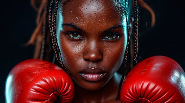 Young African American female boxer with red gloves on a dark background. Close up. Concept of female strength, combat training, and athletic discipline.