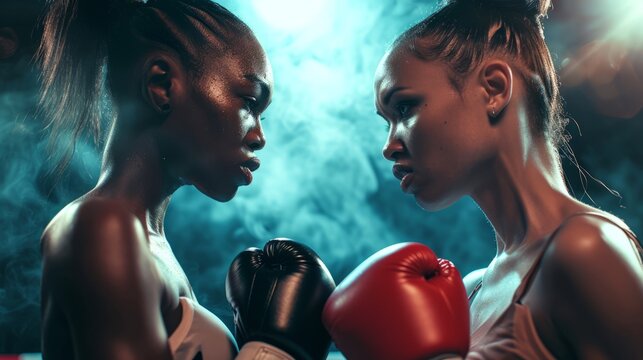 Two African American female boxers in close confrontation. Intense pre-fight stare down between athletes, ready to box. Concept of anticipation, diversity in sports, psychological aspect of boxing.