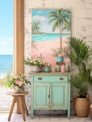 Fototapeta na wymiar Pastel Beachside Vibes: Oceanfront Oasis and Vintage Painting Wall Art