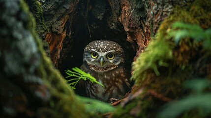  an owl is looking out of a hole in a tree trunk with moss growing on it's sides and a fern in the foreground, in the foreground.