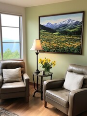 Pristine Mountain Overlook: Field Harmony Hanging Decor with Hillside Painting