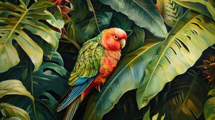  a painting of a colorful bird perched on a branch of a tree surrounded by green leaves and large, leafy, red, and yellow, and green leaves.