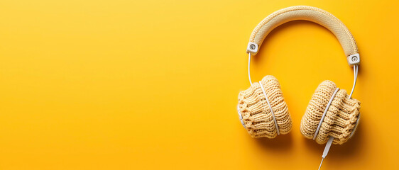 Yellow knitted headphones on bright yellow background, banner, empty space for text