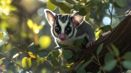 Naklejka premium a close up of a small animal on a tree branch with leaves in the foreground and sunlight shining through the leaves on the top of the tree, with a blurry background.
