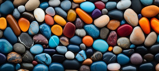 Fototapeta na wymiar Colorful beach pebbles under radiant sunlight, showcasing intricate texture and vivid hues.
